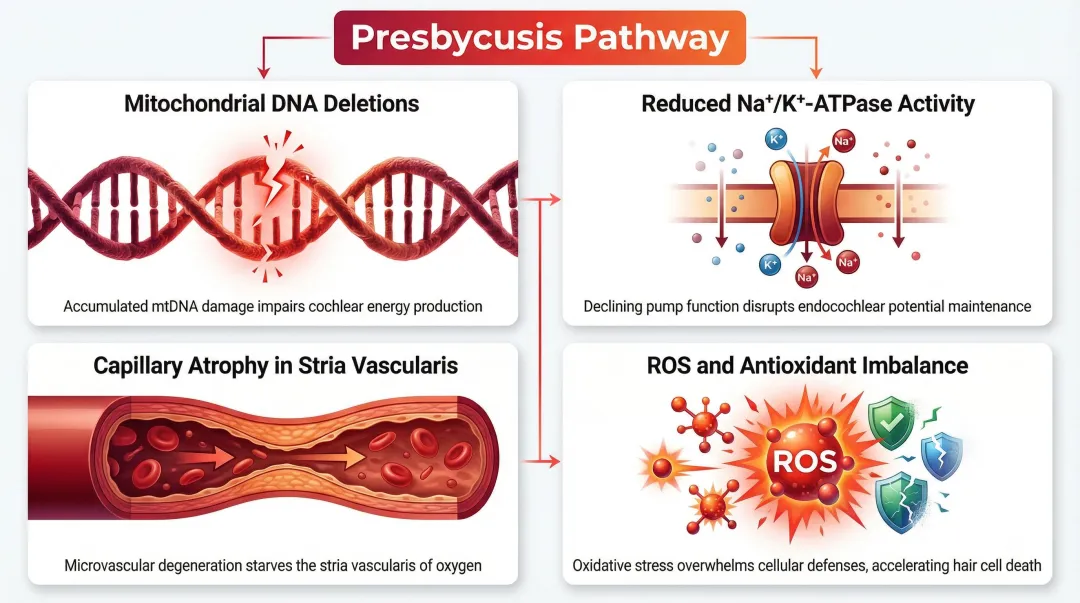 Four cellular mechanisms of age-related cochlear mitochondrial dysfunction infographic