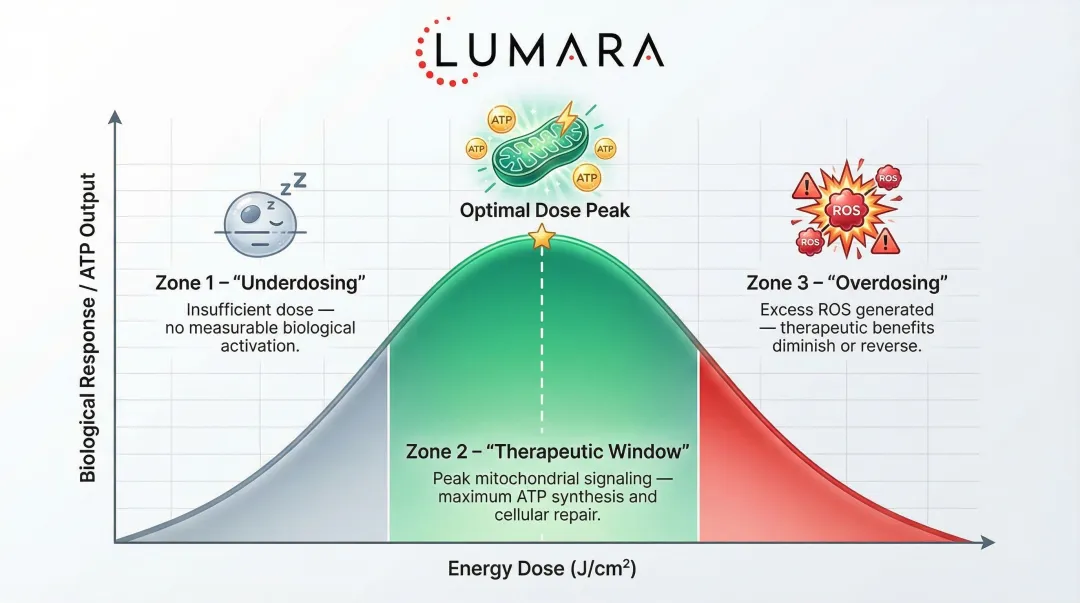 NIR therapy biphasic dose-response curve showing underdose therapeutic and overdose zones