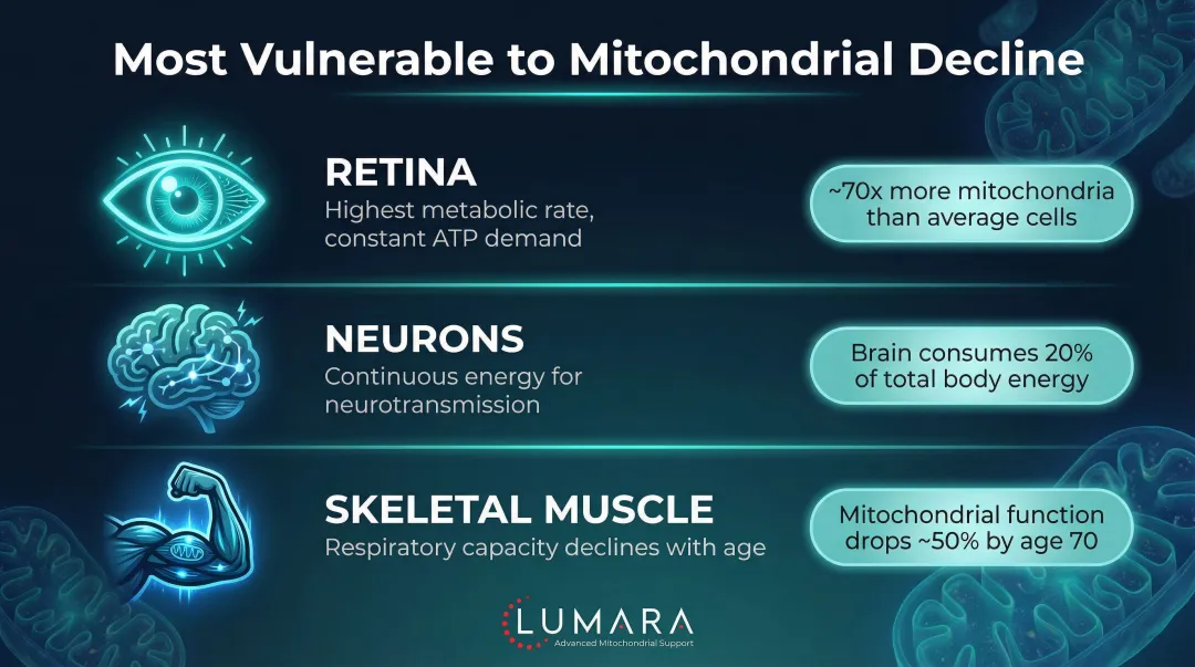 Three high-energy tissues most vulnerable to age-related mitochondrial decline