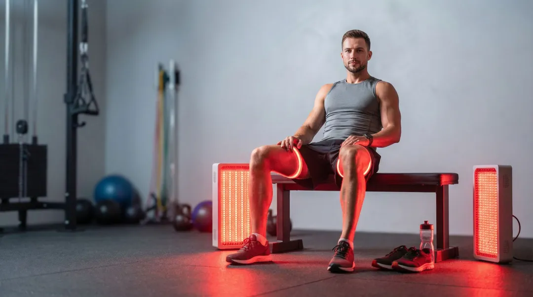 Athlete using red and near-infrared light therapy panel for pre-exercise recovery treatment
