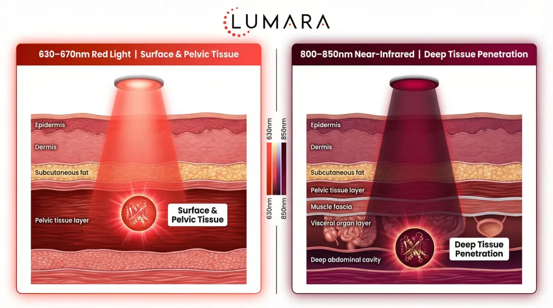 Red light therapy wavelength ranges 630-850nm tissue penetration depth comparison