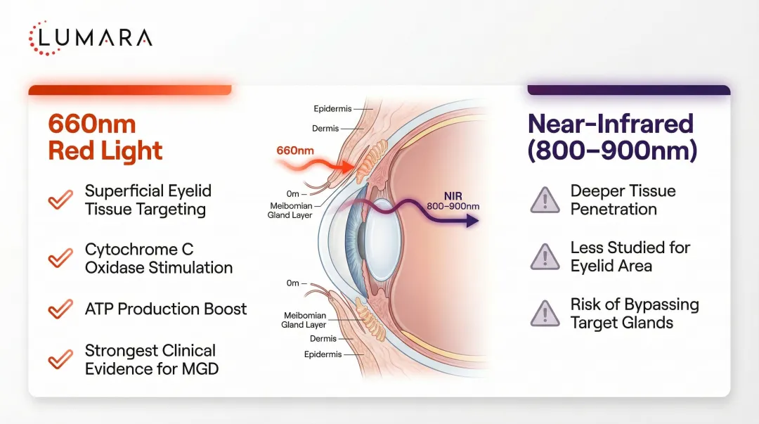 660nm red light therapy wavelength versus near-infrared periocular tissue penetration depth comparison
