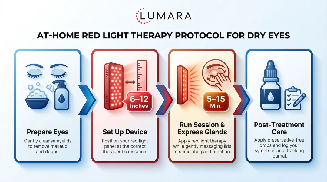 4-step red light therapy dry eye home treatment process flow infographic