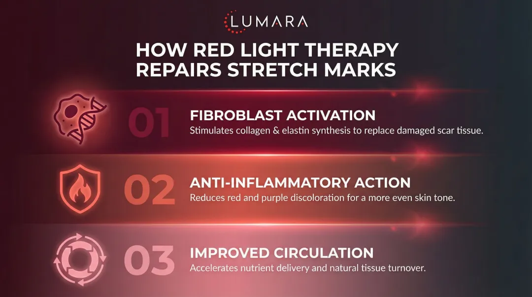 Three biological mechanisms of red light therapy repairing stretch mark dermis
