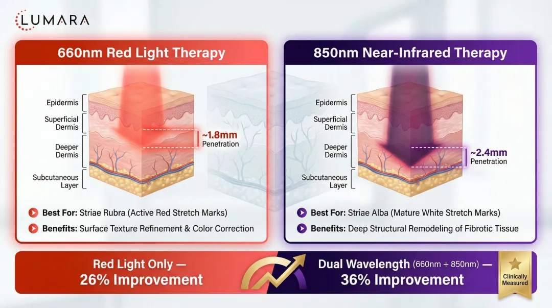 660nm versus 850nm wavelength penetration depth comparison for stretch mark treatment