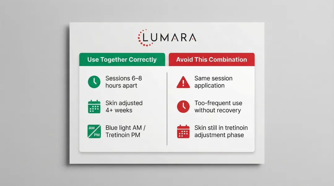 Blue light therapy and tretinoin appropriate versus misuse timing comparison infographic