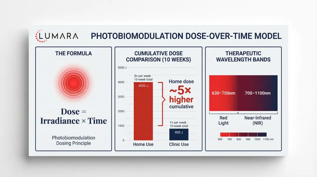 Red light therapy cumulative dose model home versus clinic weekly sessions comparison