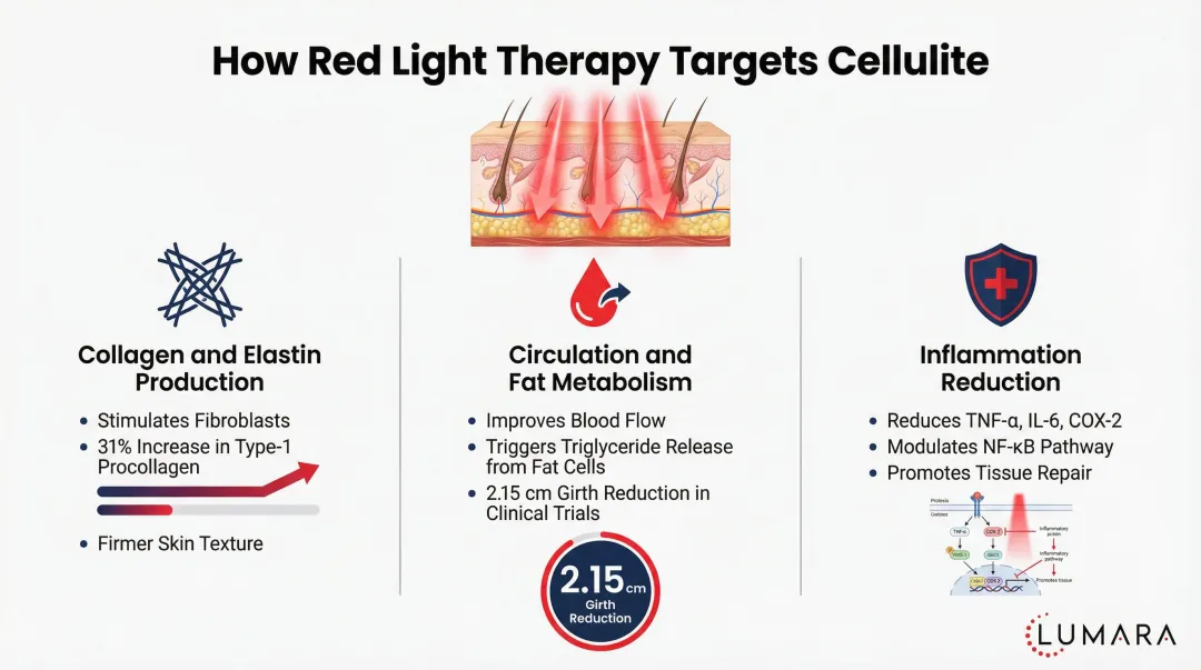Three red light therapy mechanisms targeting cellulite collagen circulation inflammation