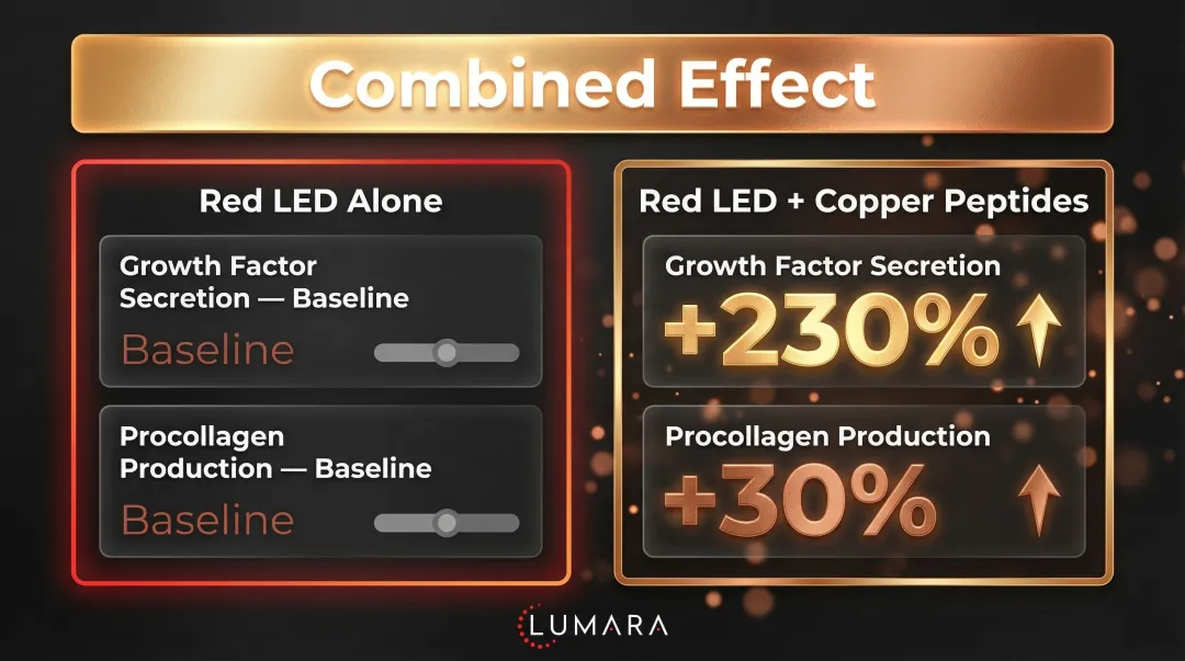 Copper peptide and red light therapy combined results showing 230 percent growth factor increase