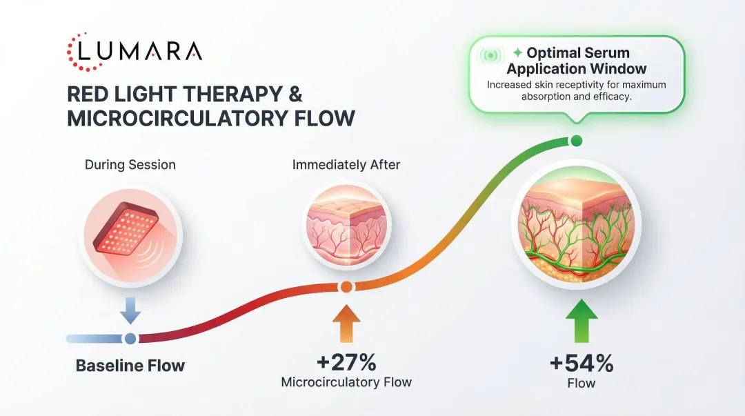 Post red light therapy microcirculation flow increase timeline showing 27 to 54 percent boost