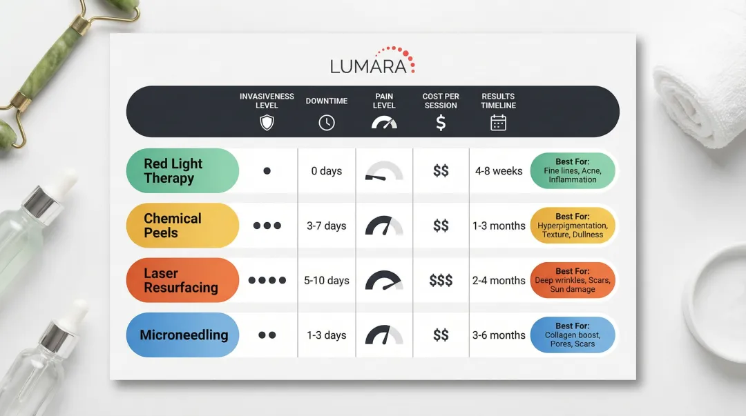 Four skincare treatments comparison chart covering cost downtime and results timeline