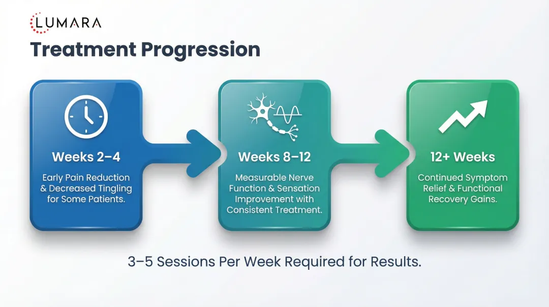 Red light therapy neuropathy treatment timeline from weeks two through twelve plus