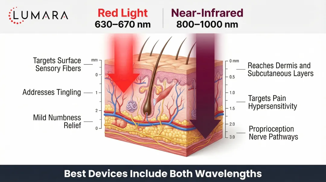 Red light versus near-infrared wavelength tissue penetration depth comparison diagram