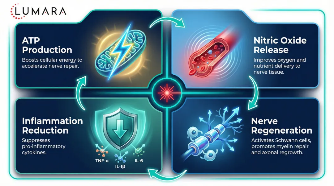 Four mechanisms of red light therapy healing damaged peripheral nerves infographic