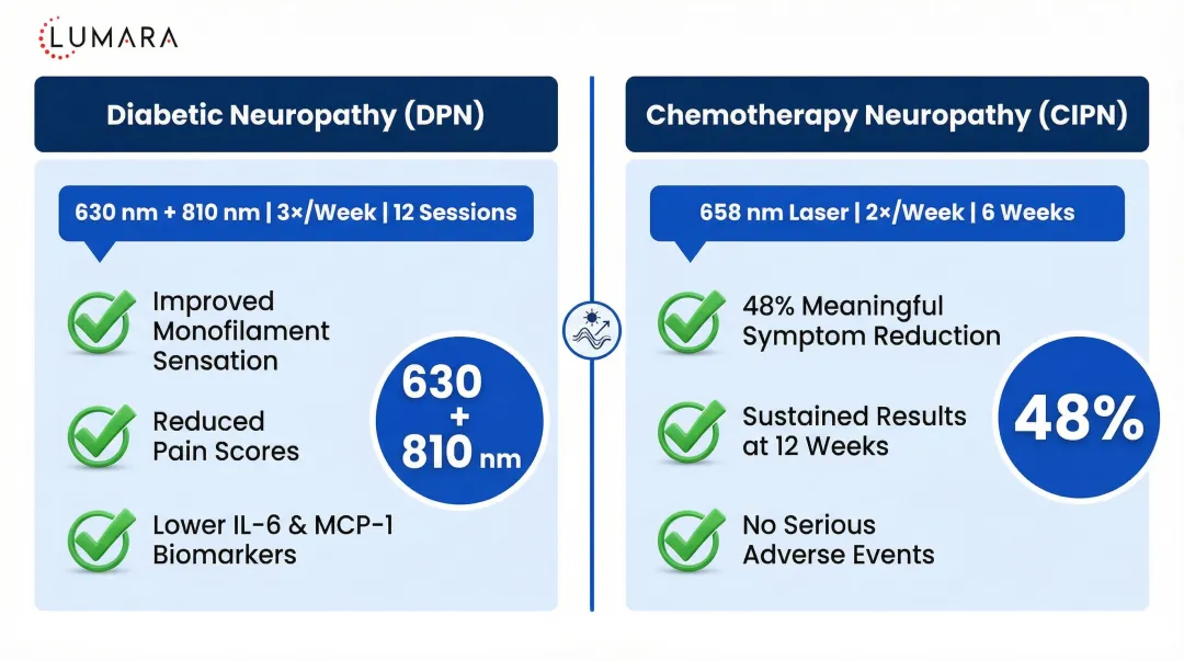Clinical trial results comparing red light therapy outcomes for DPN and CIPN patients