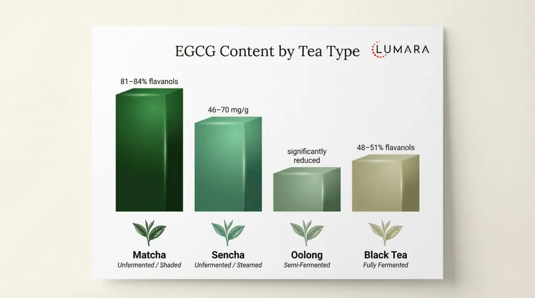 Green tea EGCG content comparison table by processing type and fermentation level