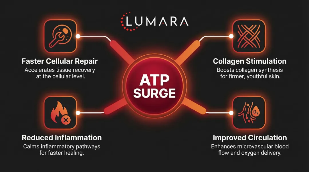 Four red light therapy cellular benefits triggered by ATP surge infographic
