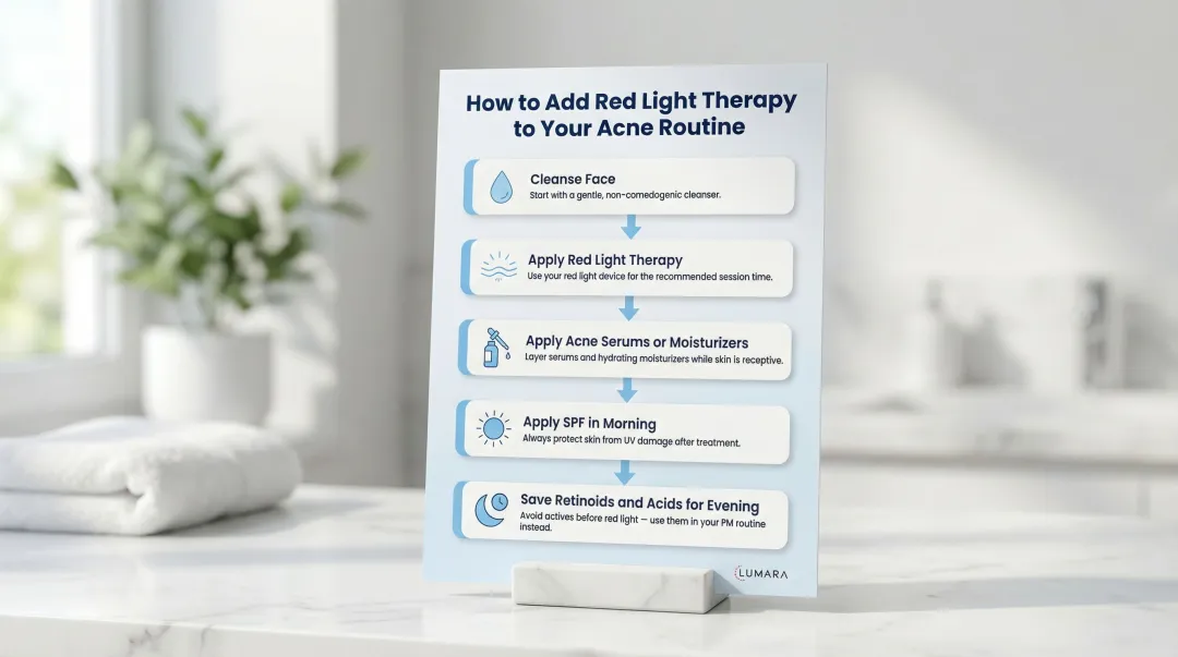 5-step red light therapy acne routine sequencing protocol process flow