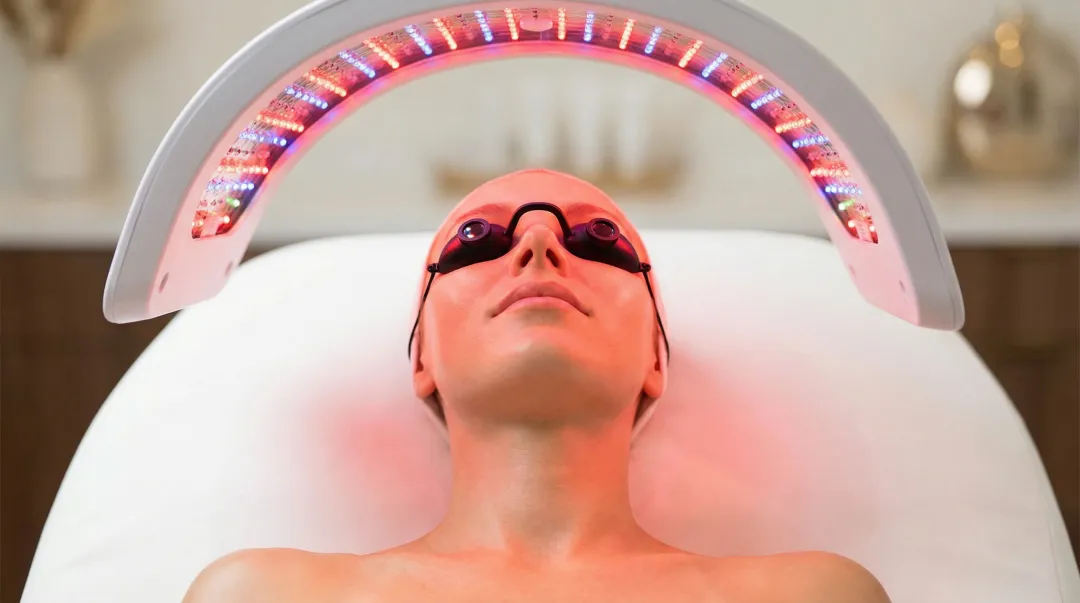 Red light therapy LED panel used in clinical skin treatment session
