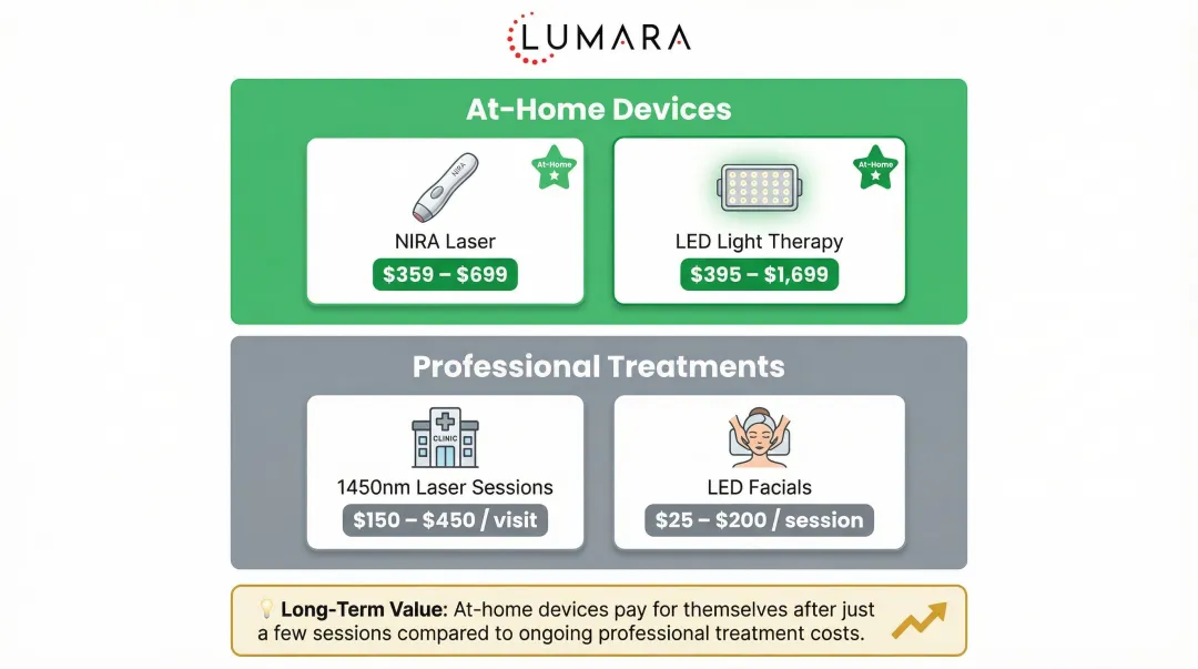At-home laser and red light therapy device cost comparison versus professional treatment infographic