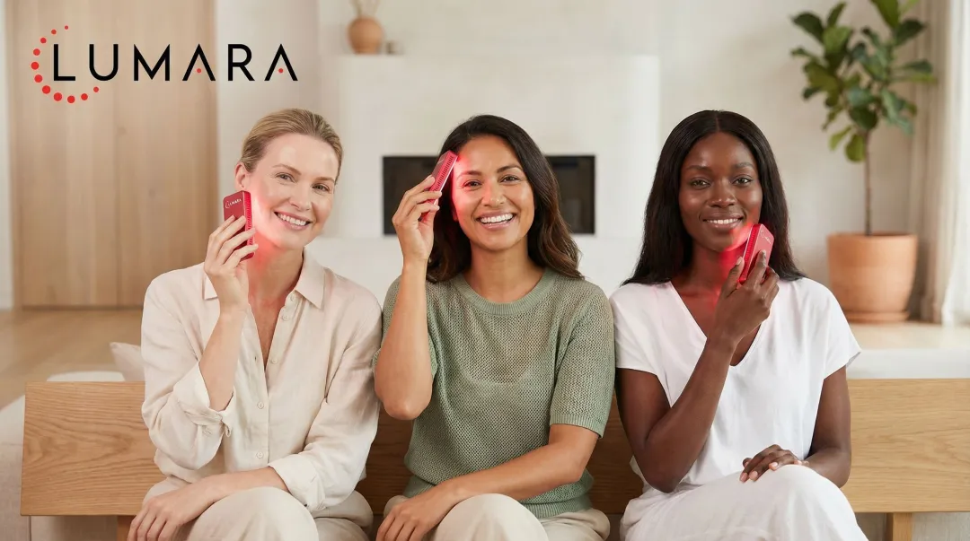 Diverse group of women with varied skin tones using red light therapy panels at home