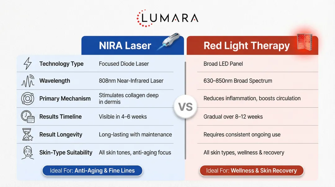 NIRA laser versus red light therapy side-by-side feature comparison infographic