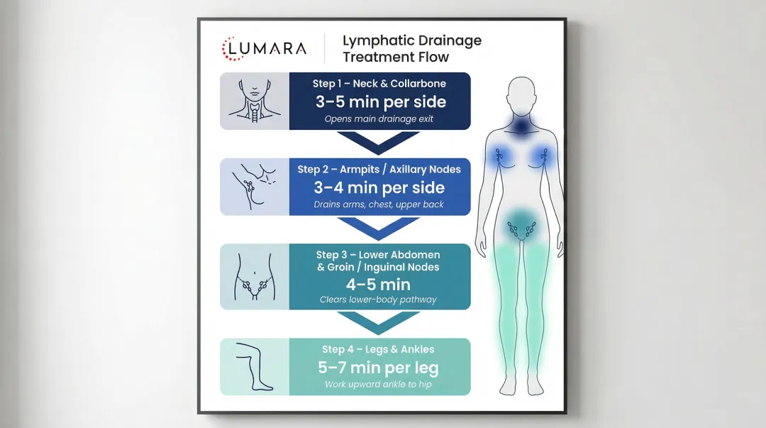 4-step red light therapy lymphatic drainage protocol sequence with timing per region
