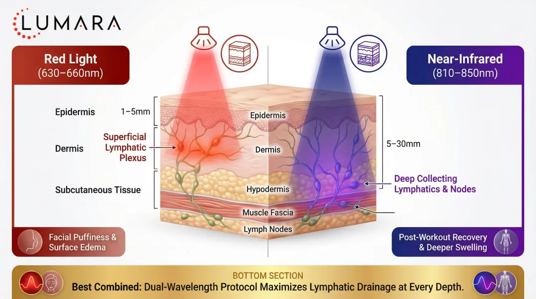 Red light versus near-infrared wavelength penetration depth and lymphatic targets comparison