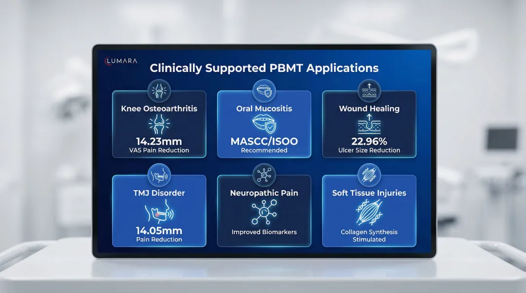 PBMT clinical applications comparison chart showing conditions treated and evidence outcomes