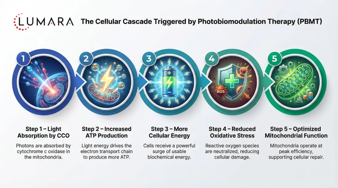 5-step PBMT cellular cascade from light absorption to mitochondrial optimization