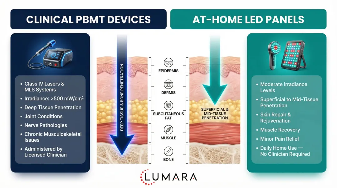 Clinical versus at-home PBMT device comparison showing applications irradiance and penetration depth