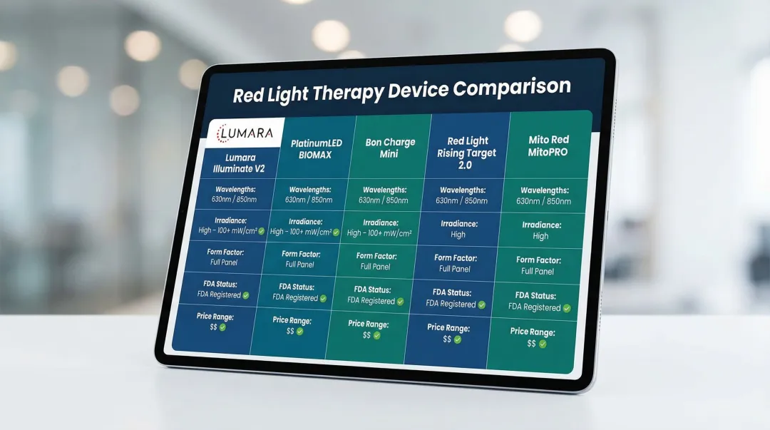 Five red light therapy devices for thyroid health comparison chart with key specs
