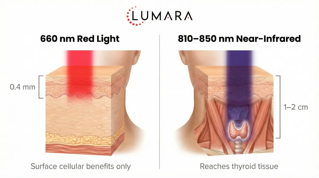 660nm versus 810-850nm wavelength skin penetration depth comparison infographic