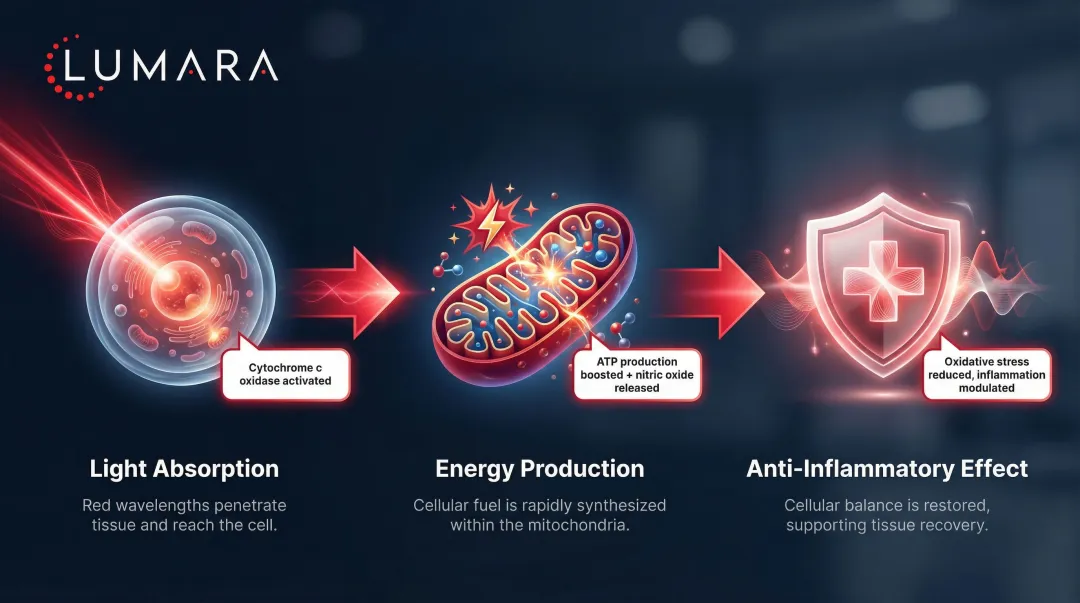Red light therapy cellular mechanism three-step process infographic for thyroid cells