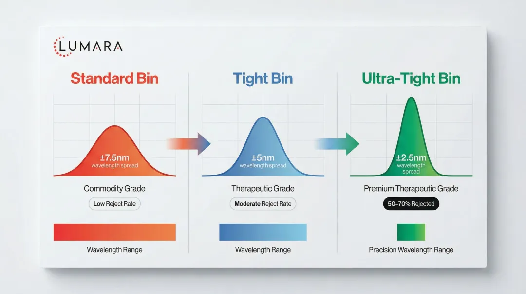 LED binning process showing wavelength tolerance tiers from standard to ultra-tight bins