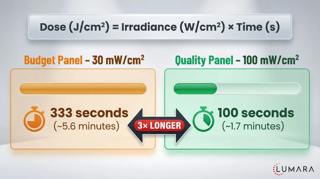 Red light therapy dose calculation comparison at 30 mW versus 100 mW irradiance treatment time