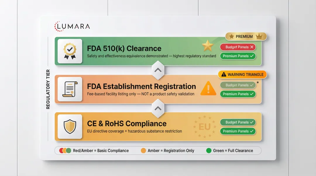 Red light therapy panel certification tiers comparing CE RoHS FDA registration versus 510k clearance