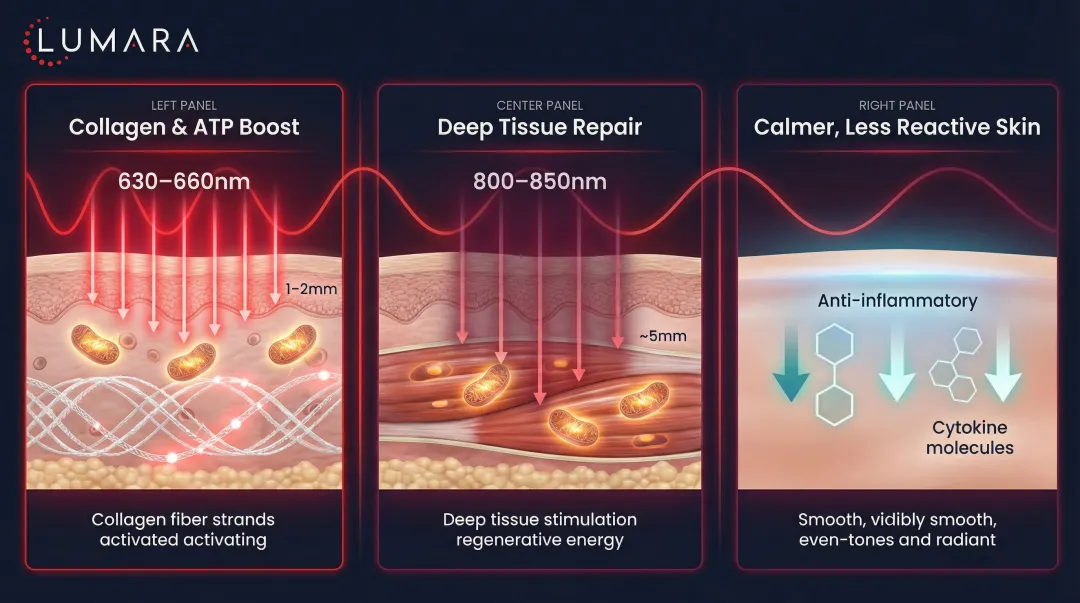 Red light therapy skin penetration depth and biological mechanisms infographic