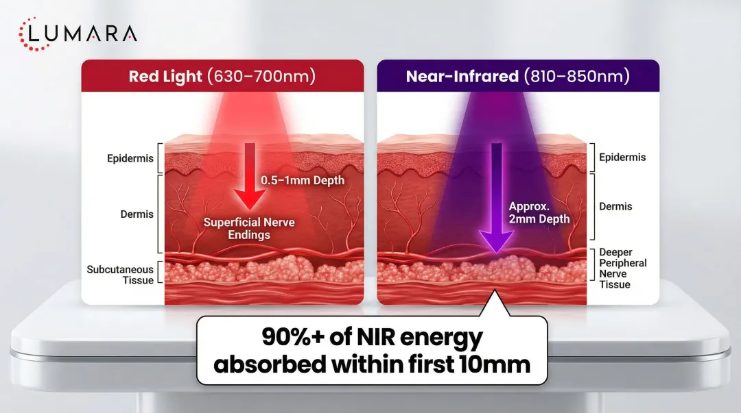 Red versus near-infrared light wavelength tissue penetration depth comparison infographic