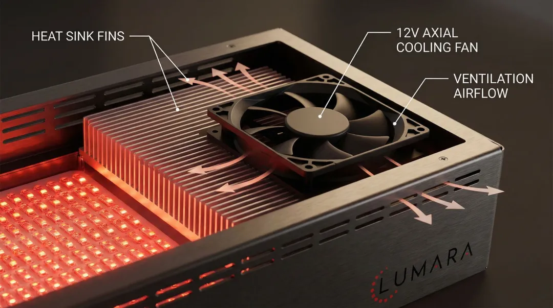 DIY red light therapy panel with heat sinks and cooling fan for thermal management