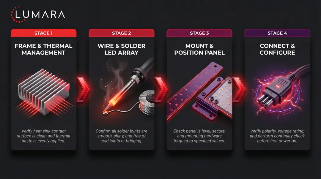 4-step DIY red light therapy panel assembly process flow infographic