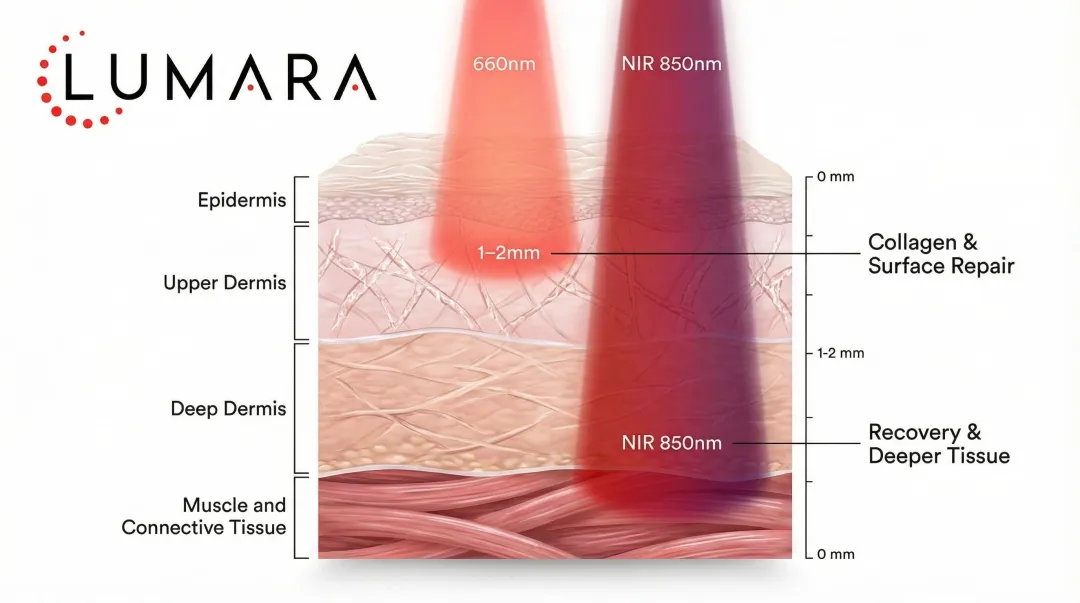 Red versus near-infrared light skin penetration depth layers diagram