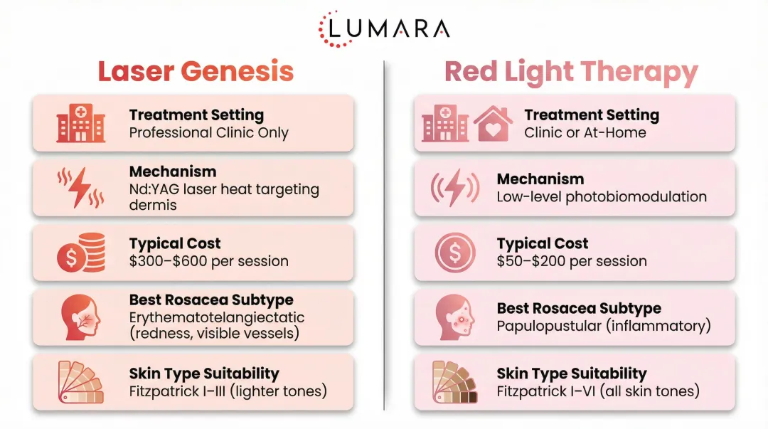 Laser Genesis versus red light therapy side-by-side comparison infographic for rosacea