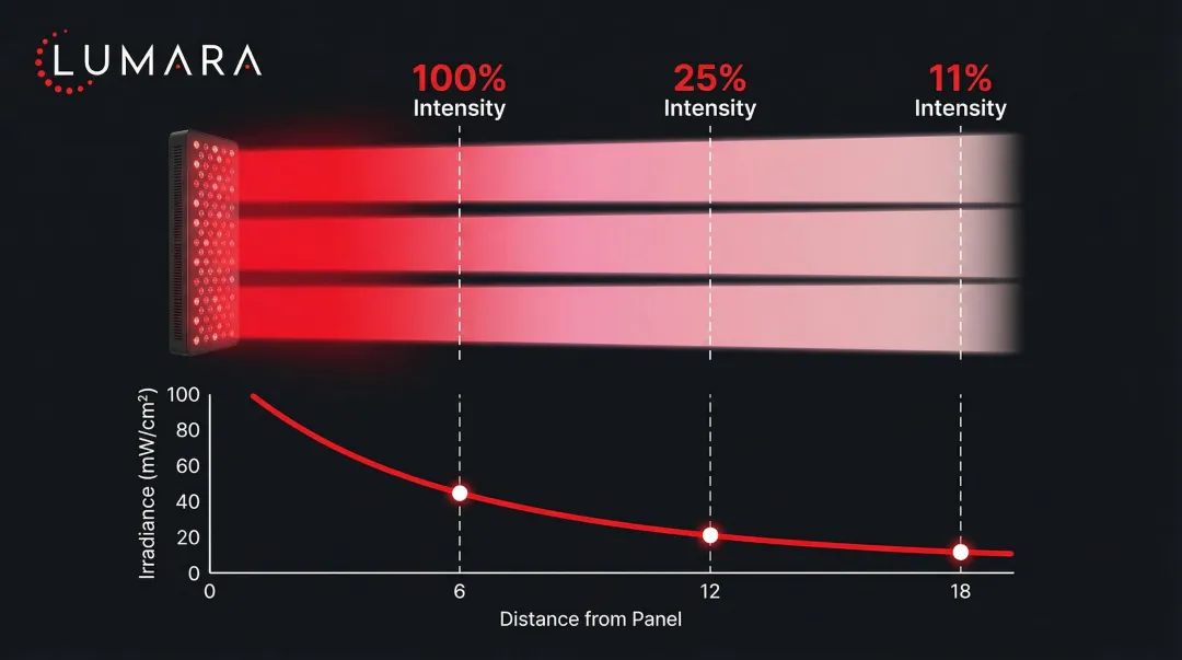 Inverse square law light intensity loss diagram showing panel distance versus irradiance