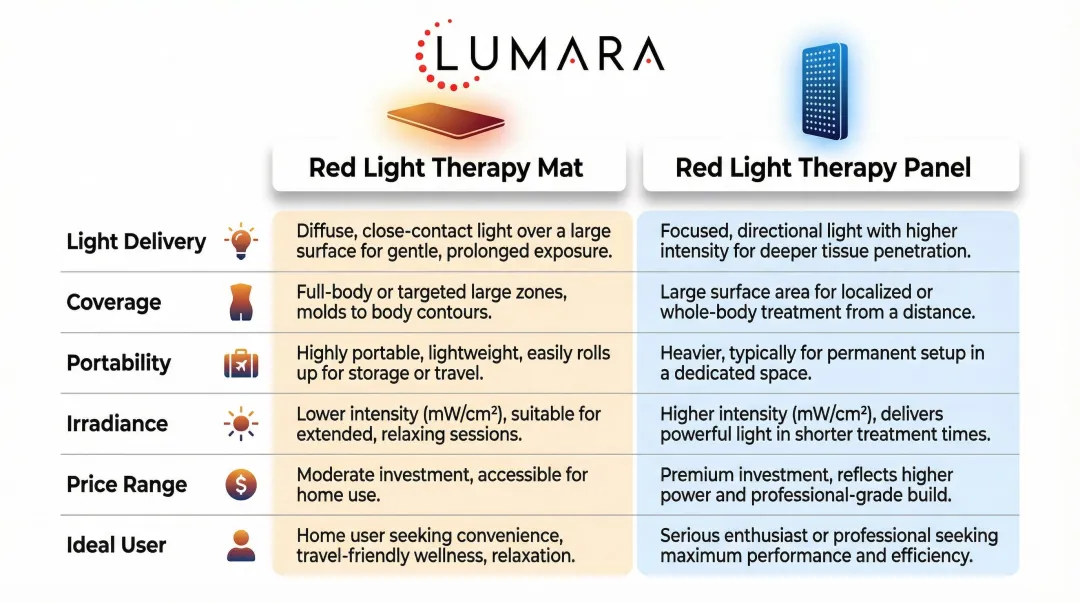 Red light therapy mat versus panel side-by-side feature comparison infographic