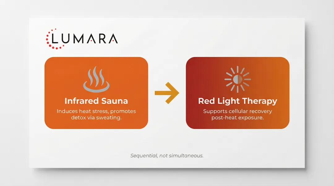 Two-step infrared sauna then red light therapy sequential combination protocol infographic