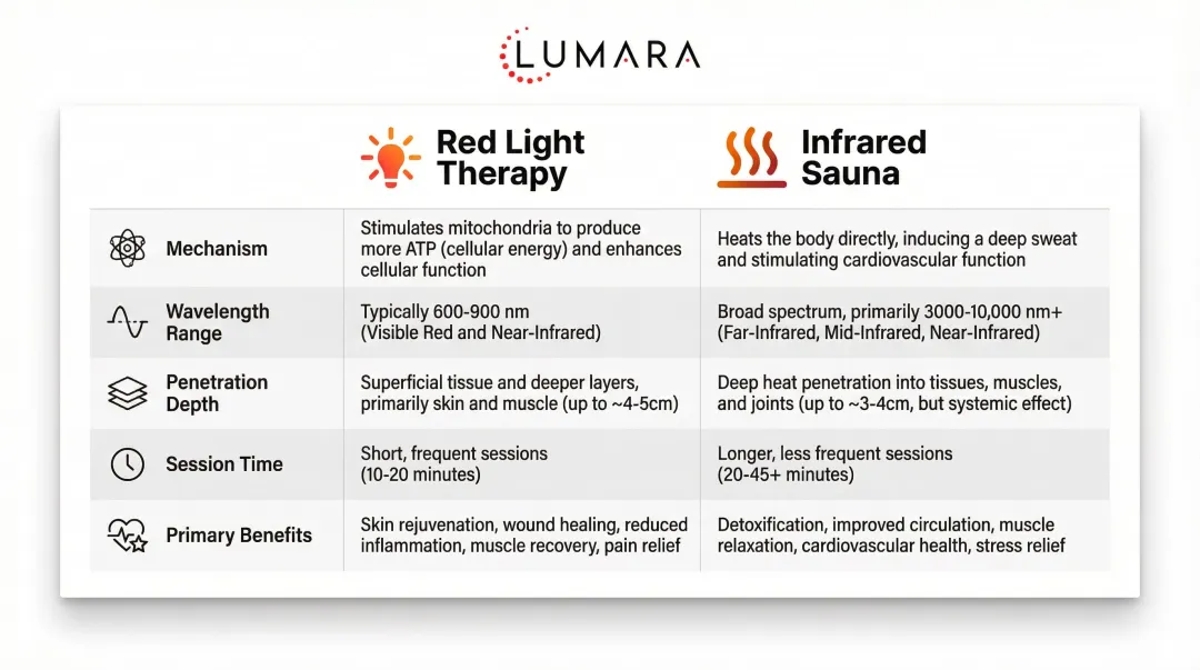 Red light therapy versus infrared sauna five-feature side-by-side comparison chart