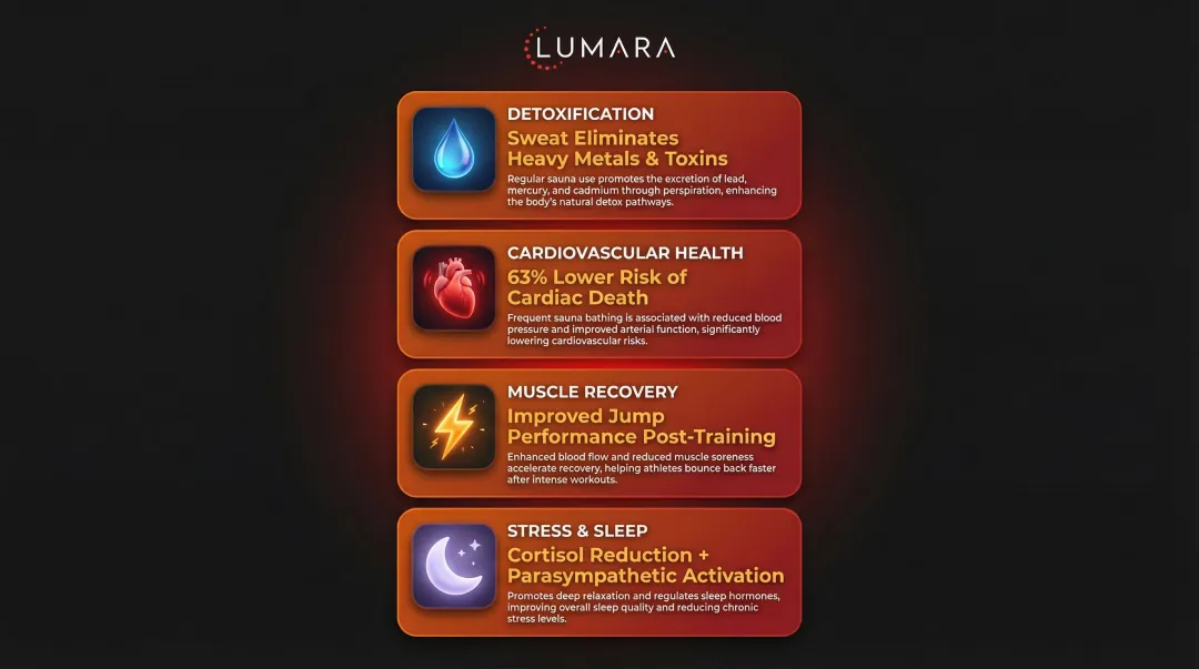 Four key infrared sauna health benefits with supporting research statistics infographic