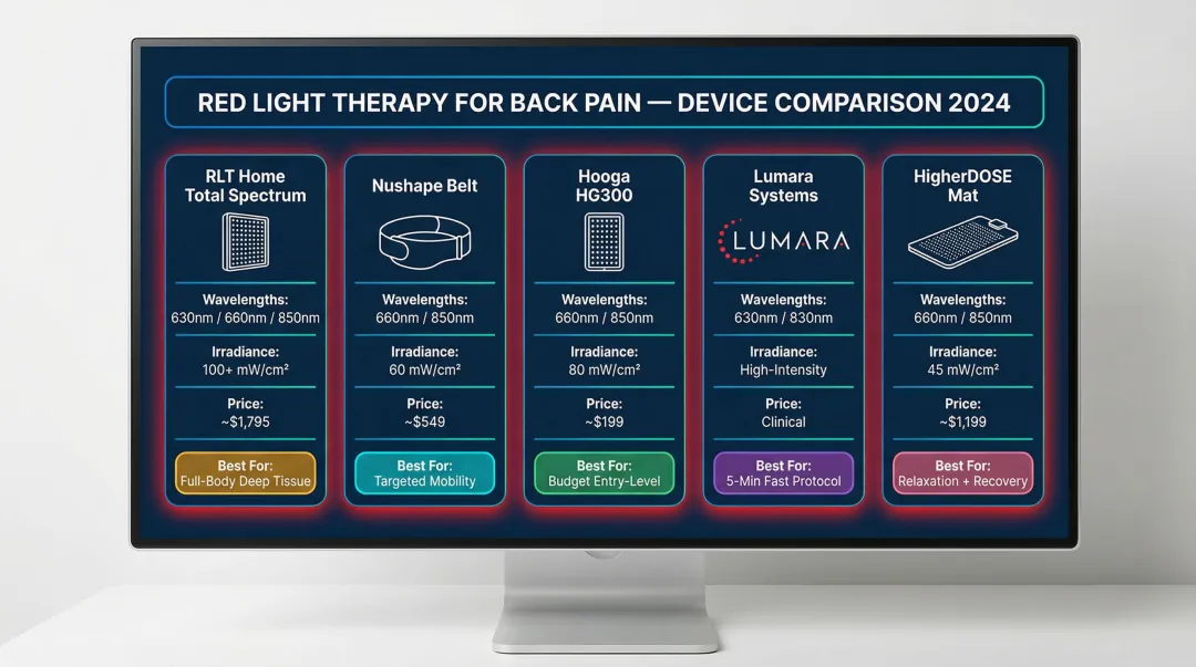 Five red light therapy devices for back pain comparison chart with key specs