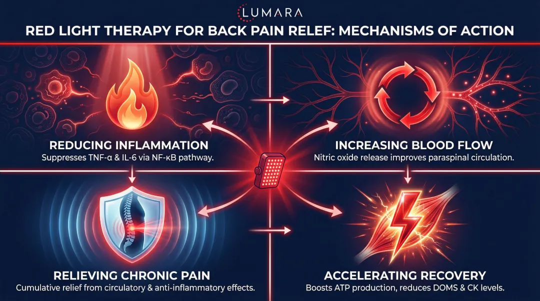 Four mechanisms of red light therapy for back pain relief infographic